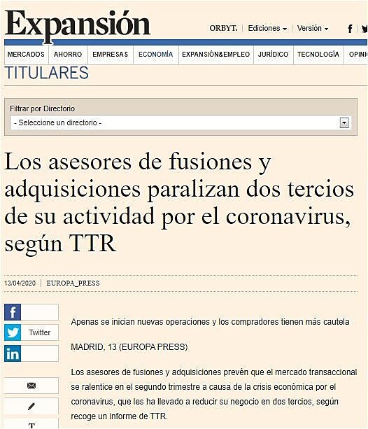 Los asesores de fusiones y adquisiciones paralizan dos tercios de su actividad por el coronavirus, segn TTR